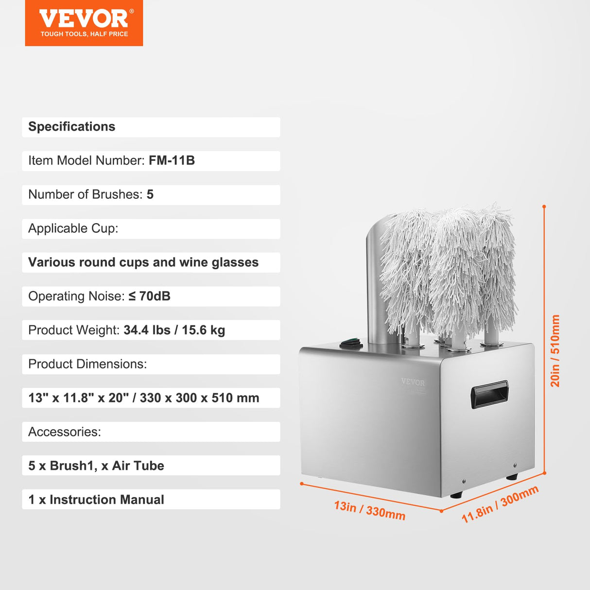 VEVOR Pulidora de Copas de Vino con 5 Cepillos Pulidora de Copas Eléctrica Comercial de 330 tazas/hora para Copas de Champán, Vasos de Cerveza, Jarras, para Bares, Restaurantes, Cocinas, Plata