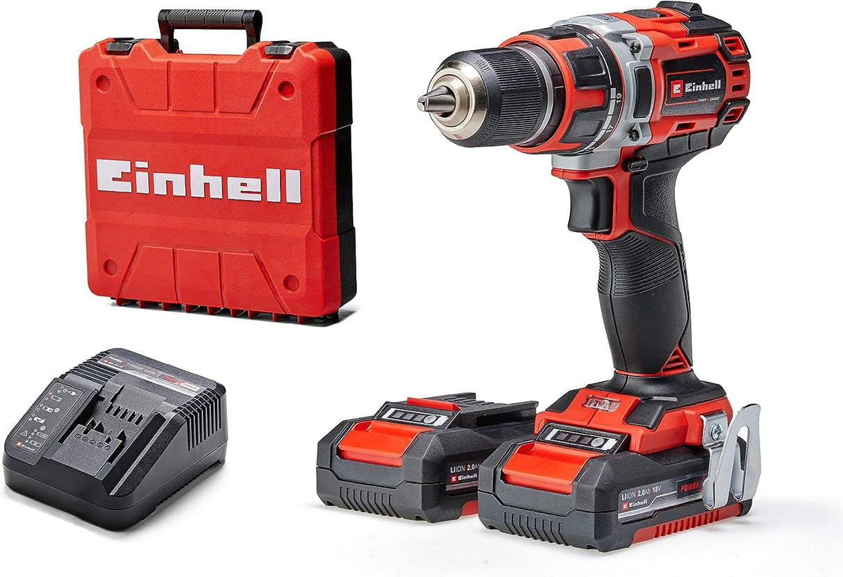 Einhell Taladro/destornillador con batería TE-CD 18/50 Li BL Power X-Change (iones de litio, 18V, máx 50 Nm, portabrocas 13 mm, sistema electrónico velocidad, incl. 2 baterías 2,0 Ah y cargador)