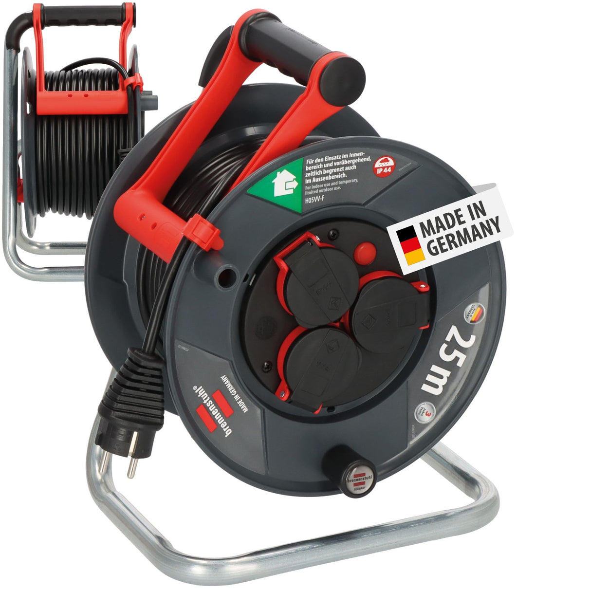 Brennenstuhl Enrollacables Garant V2 IP44 25m exterior (Made in Germany, 3 tomas de corriente con contacto de puesta a tierra, plástico especial)
