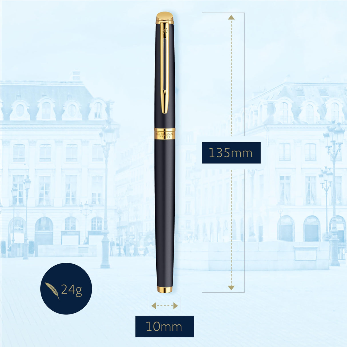 Waterman Hémisphère pluma estilográfica | color negro mate con adorno de oro de 23 quilates | plumín mediano con cartucho de tinta azul | estuche de regalo