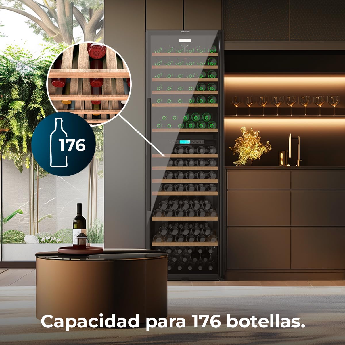 Cecotec Vinoteca 176 Botellas Bolero GrandSommelier Duo 176000 Black. Temperatura Dual, Protección UV, Alarma Temperatura, Filtro Carbón, Puerta Reversible, LED, Compresor Eficiente