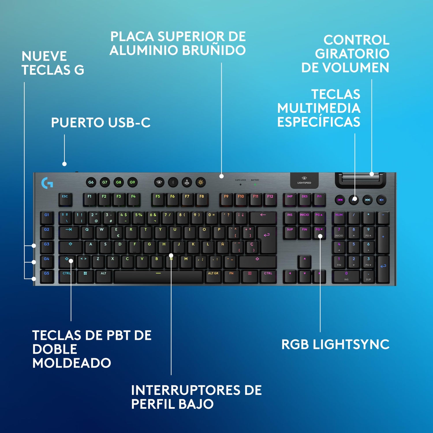 Logitech G G915 X Lightspeed Low-Profile Gaming Keyboard - US QWERTY-Layout - Negro