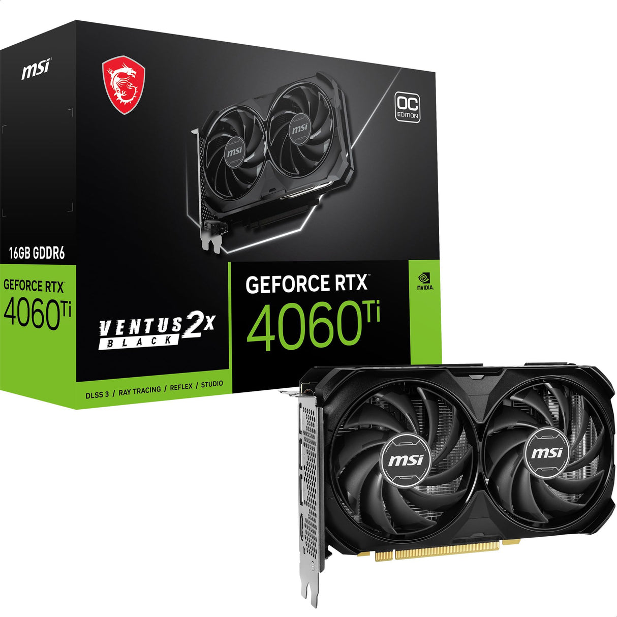 MSI GeForce RTX 4060 Ti VENTUS 2X BLACK 16G OC Tarjeta Gráfica - RTX 4060 Ti, 16GB GDDR6, 16GB, PCIe 4.0 - 2 x TORX Fan 4.0 - HDMI 2.1a, DisplayPort 1.4a, Estándar
