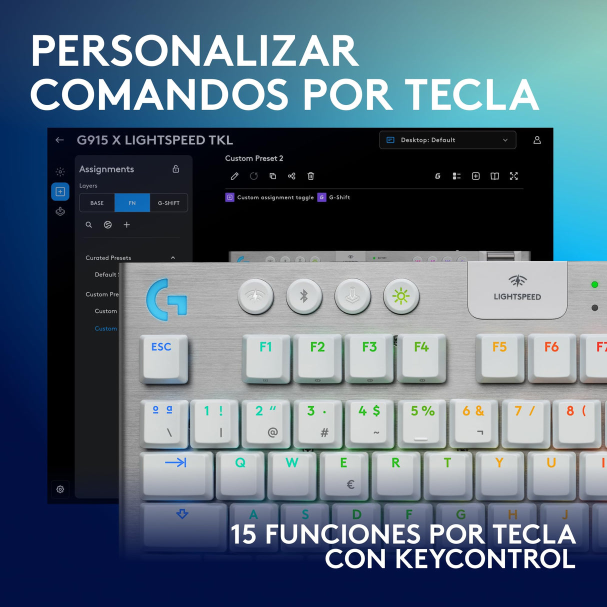 Logitech G G915 X LIGHTSPEED TKL Teclado para gaming inalámbrico de perfil bajo, teclas de PBT de doble moldeado, elegante acabado en aluminio, táctil marrón GL - PC/Mac, QWERTY US - Blanco