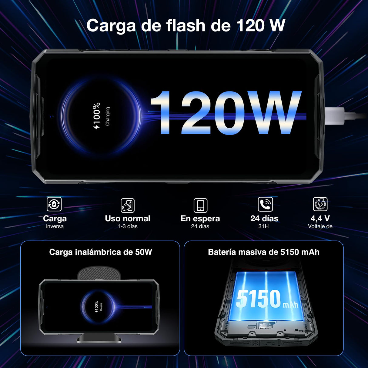 DOOGEE DK10 5G Movil Resistente 32GB + 512GB, Dimensity 8020 Teléfono Móvil 2.5K AMOLED 6.67" FHD+ 120Hz, Cámara Cuádruple 64+50MP, 5150mAh Batería con Carga Flash 120W, NFC WiFi6 OTG Huella Lateral