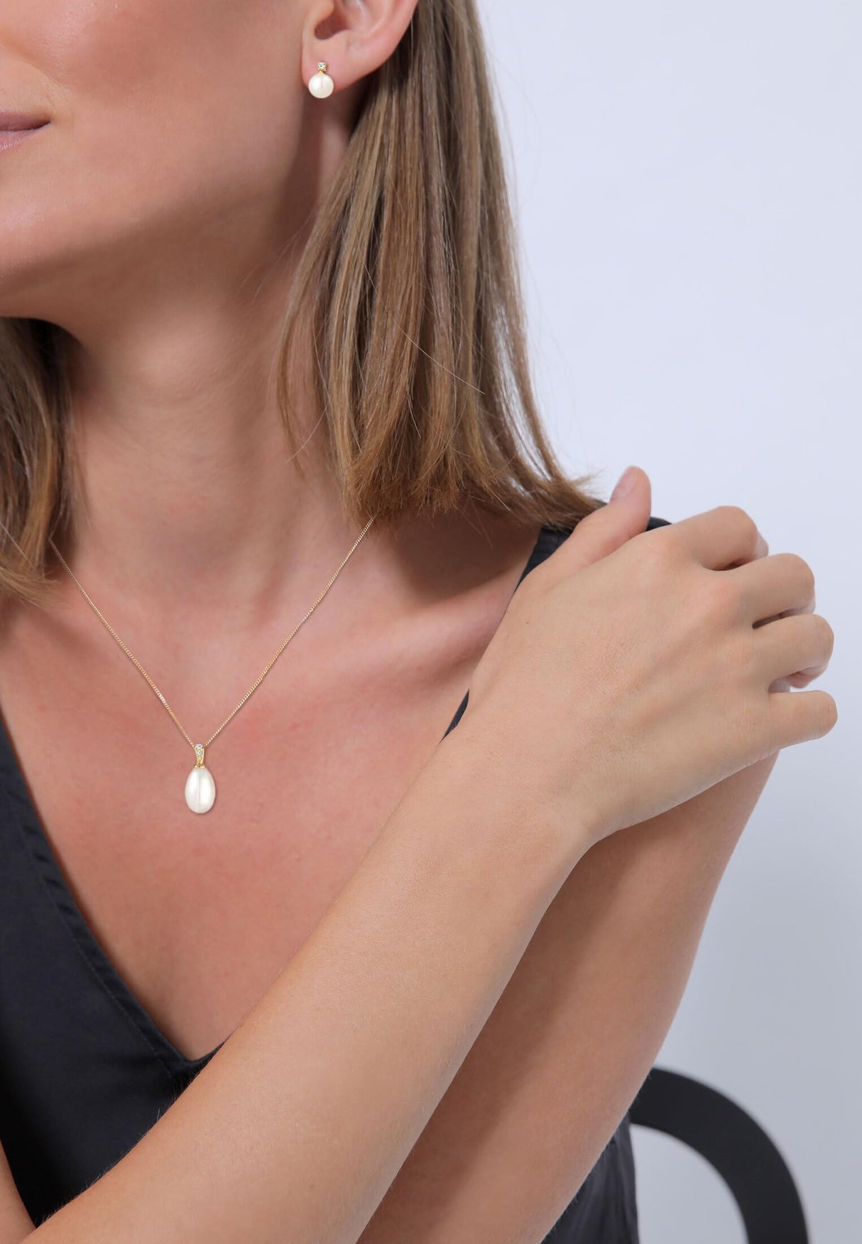 Elli DIAMONDS Juego de Joyas Pendientes de Perla Clásica con Diamante (0,11 ct.) en Oro Amarillo 585