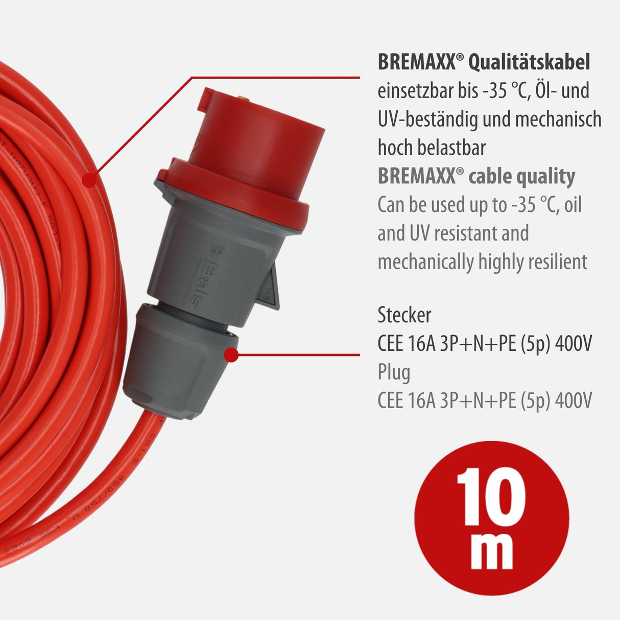 Brennenstuhl BREMAXX Cable alargador CEE 400V/16A (Cable de 10 m, 5 Polos, Uso en Exteriores hasta -35°C, Fabricado en Alemania) Rojo