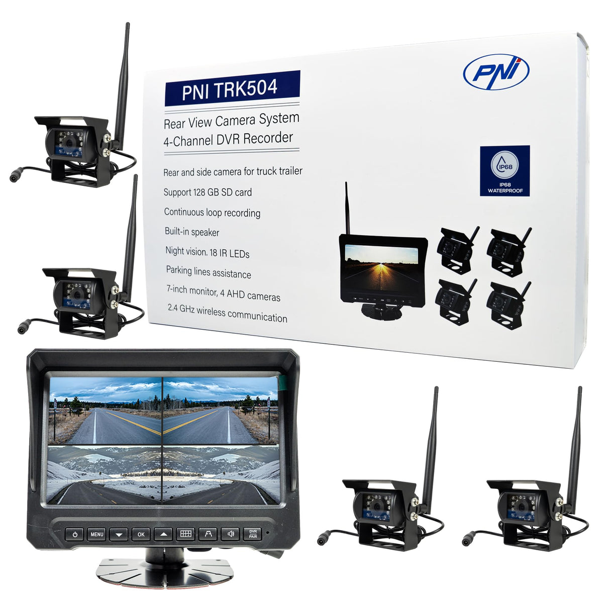 PNI TRK504 - Kit de videovigilancia inalámbrico para camión DVR con Monitor LCD y 4 cámaras