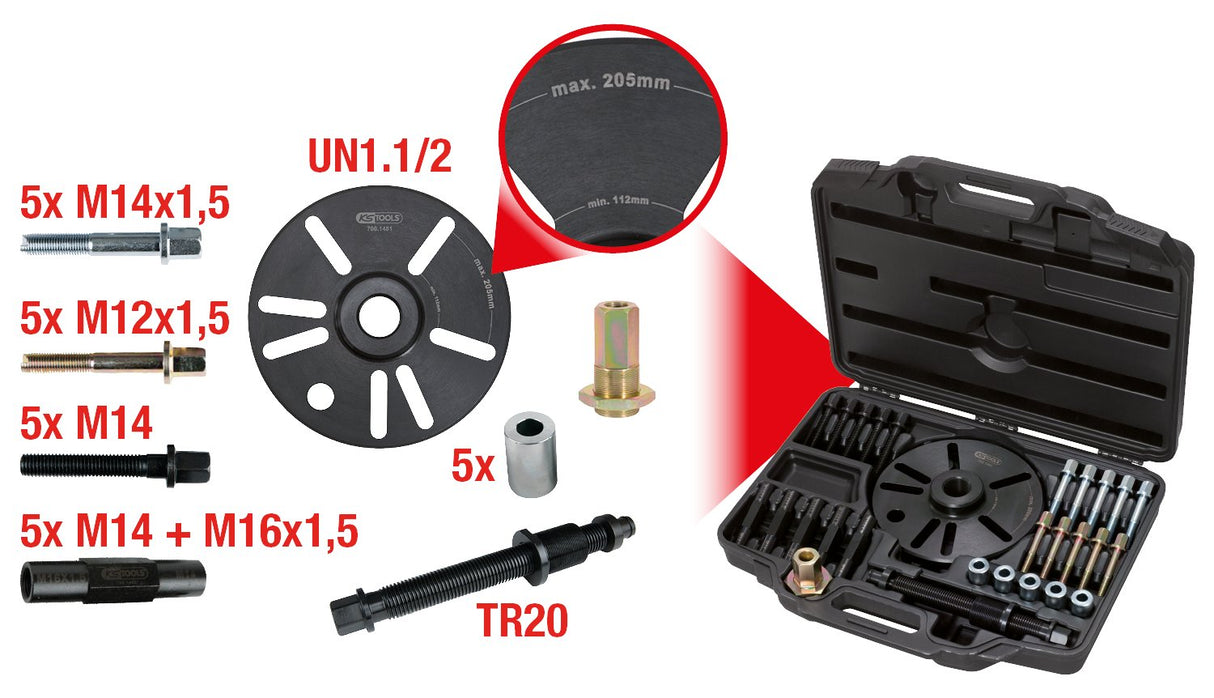 KS Tools 700.1480 Extractor universal de cubos de rueda para turismos, 4x4 y furgonetas, 28 pzs