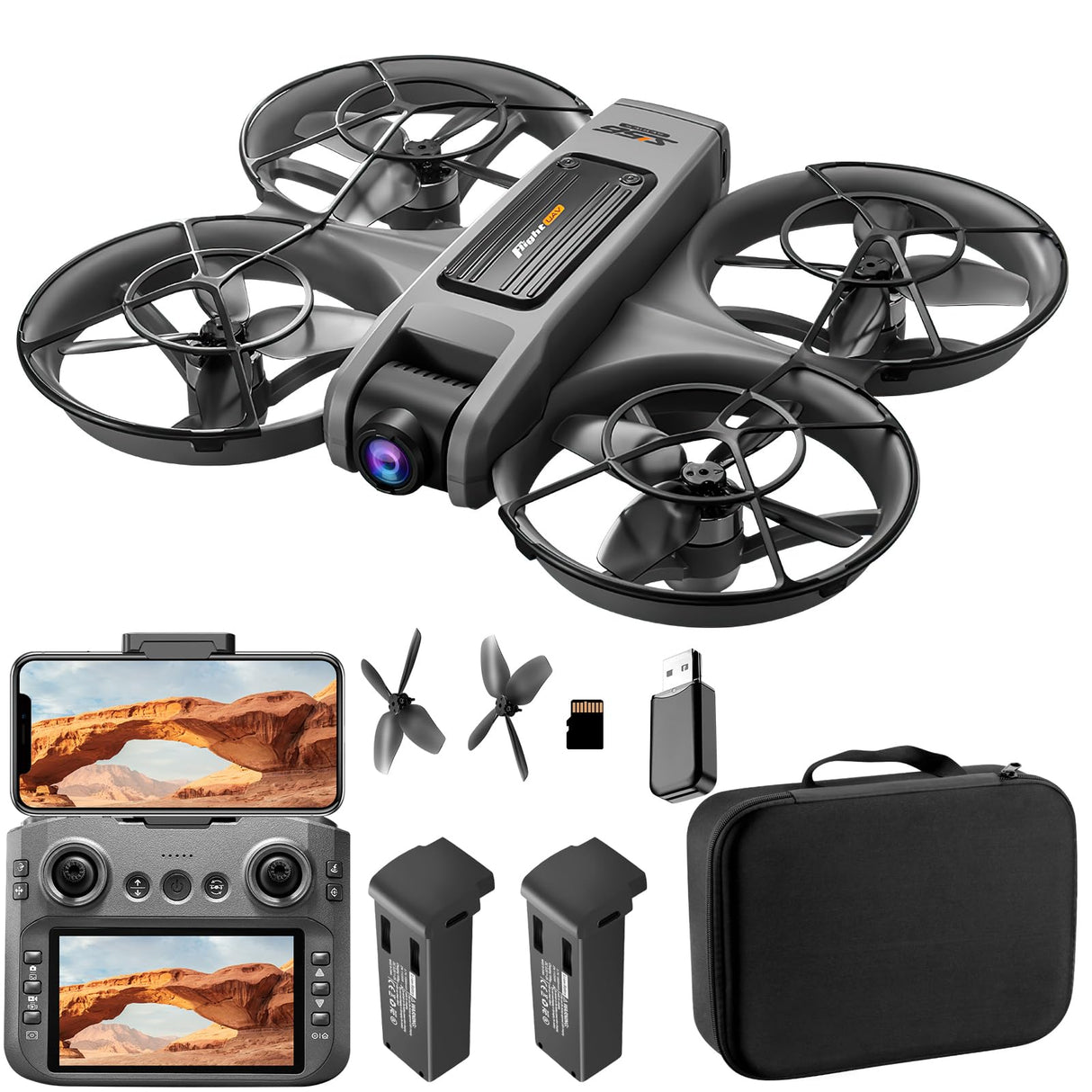 OBEST Drone con cámaras dobles, control remoto de pantalla de 4,5 pulgadas, juguete volador con luz nocturna LED, cámara ajustable de 90°, con tarjeta SD, 2 baterías