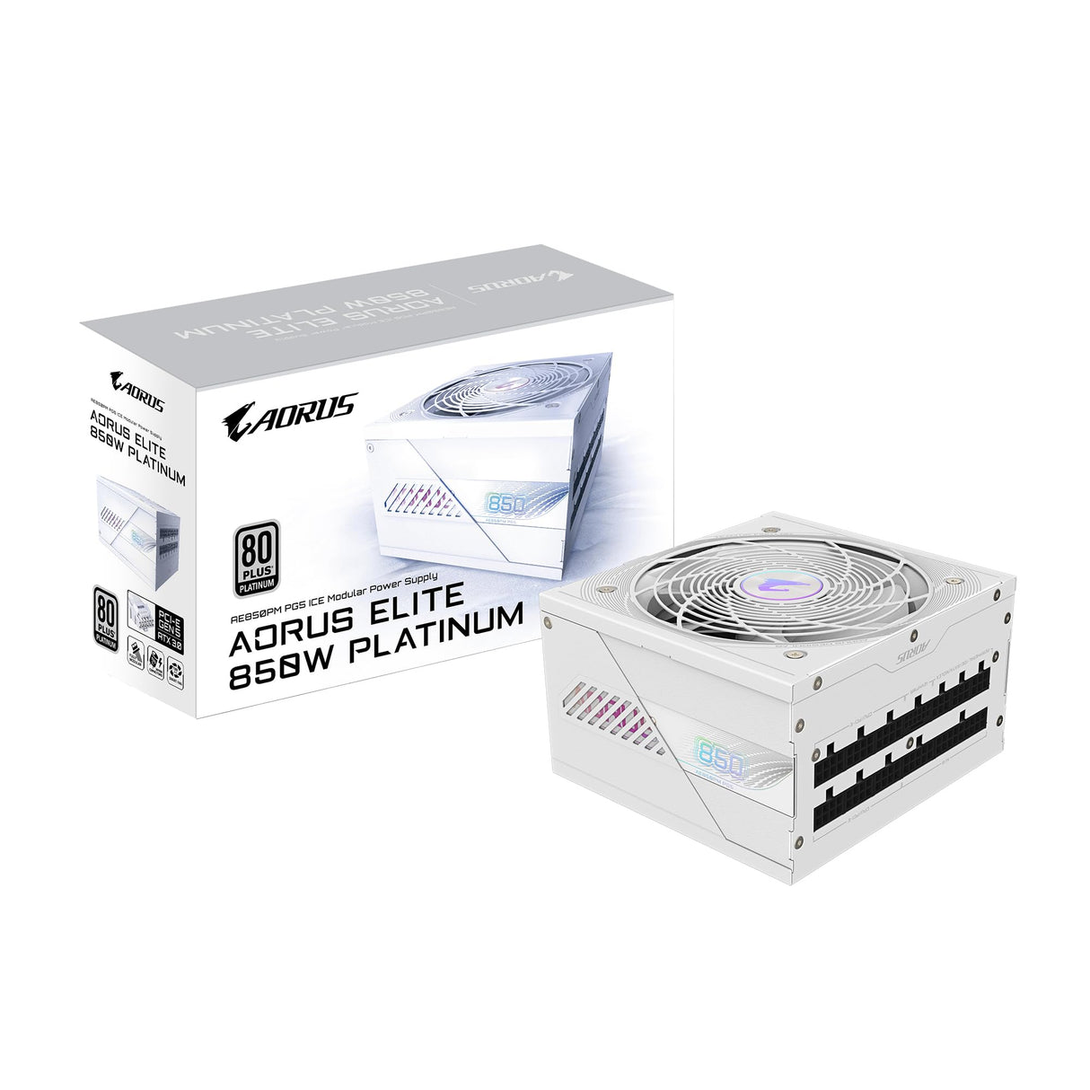 GIGABYTE AORUS Elite P850W Ice Fuente de Alimentación - PCIe 5.0, 80 Plus Platinum, Diseño Completamente Modular, Ventilador de 120 mm, Compatible con ATX 3.0, Enchufe UE