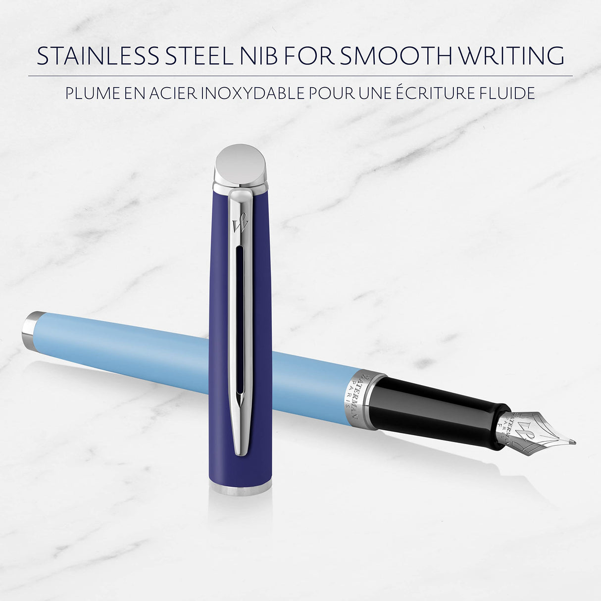 Waterman Hémisphère - Pluma estilográfica, metal y laca azul con borde recubierto de paladio, punta fina de acero inoxidable, caja de regalo