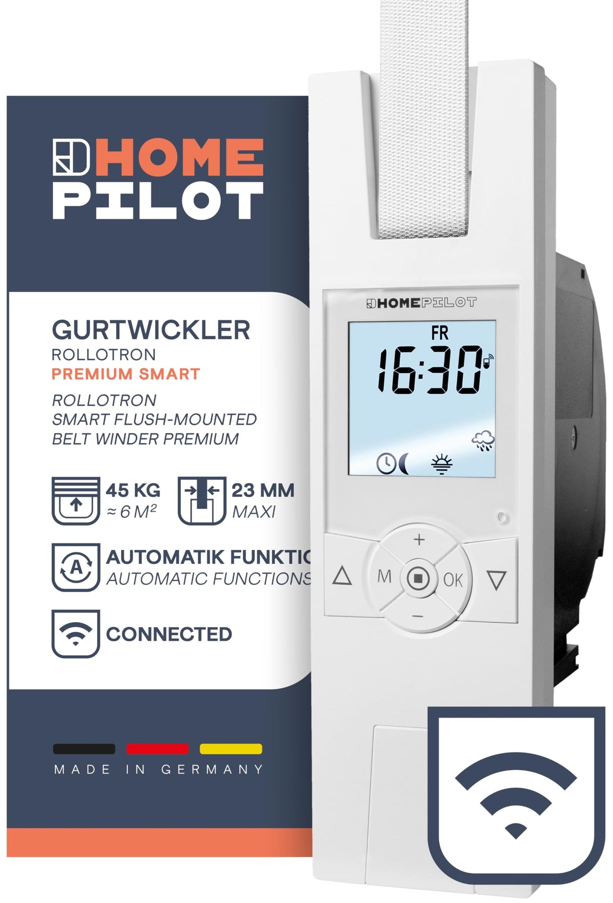 HOMEPILOT - Enrollador cinta RolloTron Premium Smart | Motor eléctrico con pantalla para control cómodo persianas. Accesorio Smart Home - ¡compatible instalaciones posteriores! Capacidad carga: 45 kg