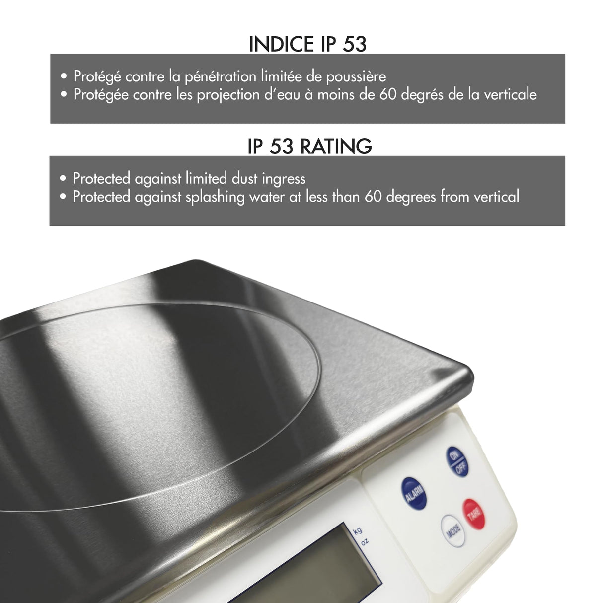 LOUIS TELLIER - Balanza Electrónica Profesional - 5kg - IP53 - Precisión 0,5 g - Bandeja Extraíble de Acero Inoxidable - Cocina - Panadería - 22 x 16,5 cm