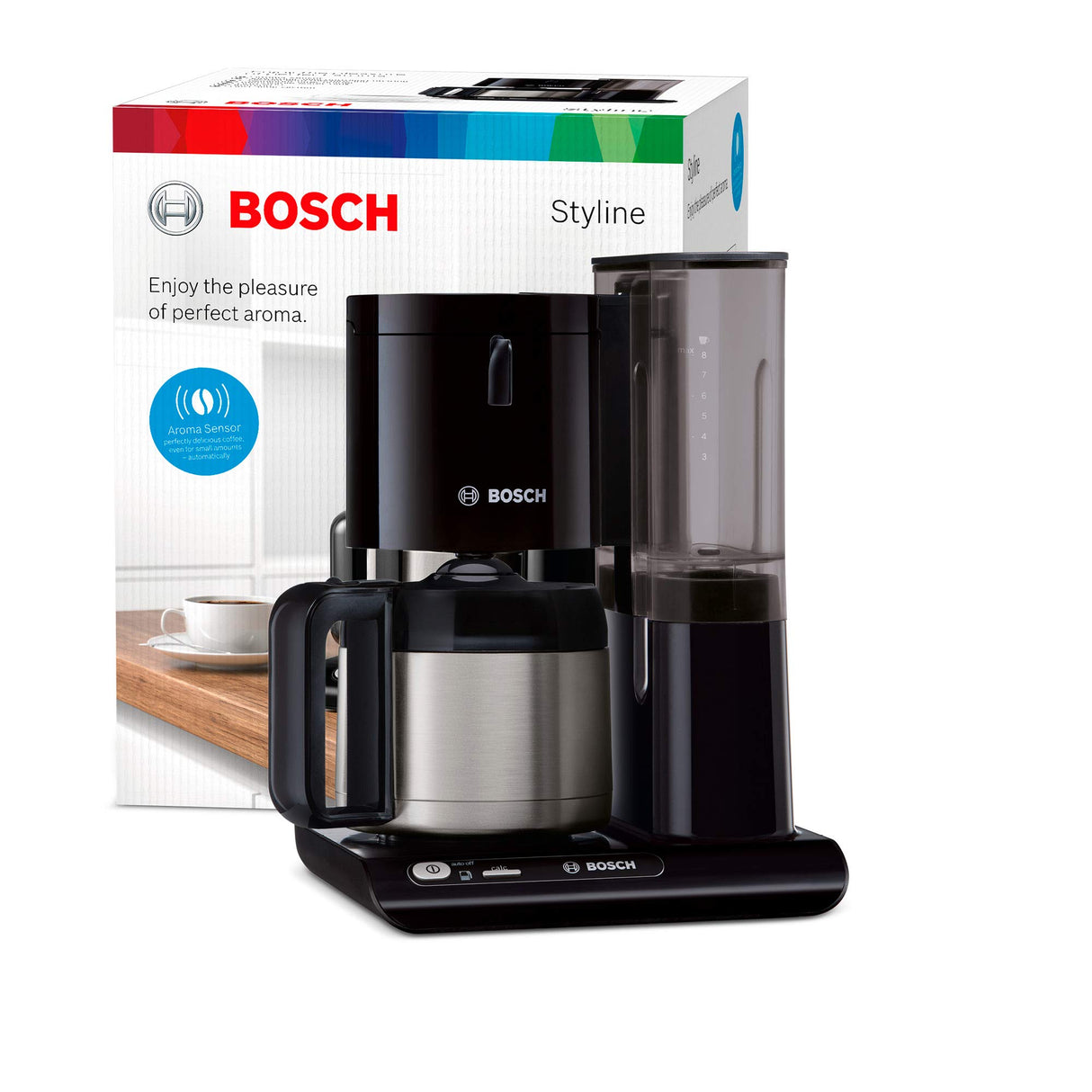 Bosch TKA8A053 Styline - Cafetera de filtro, jarra térmica, ajuste automático, tiempo de preparación, depósito de agua extraíble (1 L), 1100 W, color negro