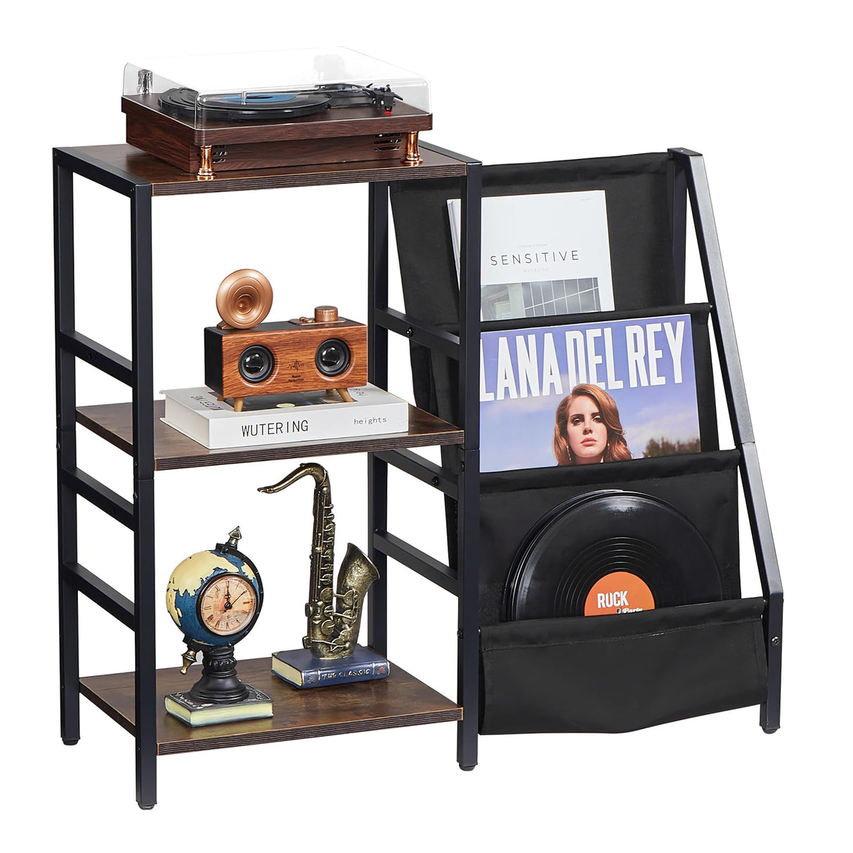 VEVOR Soporte para Tocadiscos 840 x 300 x 740 mm de 3 Niveles con Estación de Carga y Puertos USB, Admite Hasta 200 álbumes, Soporte para Tocadiscos con Almacenamiento de Discos de Vinilo, Negro