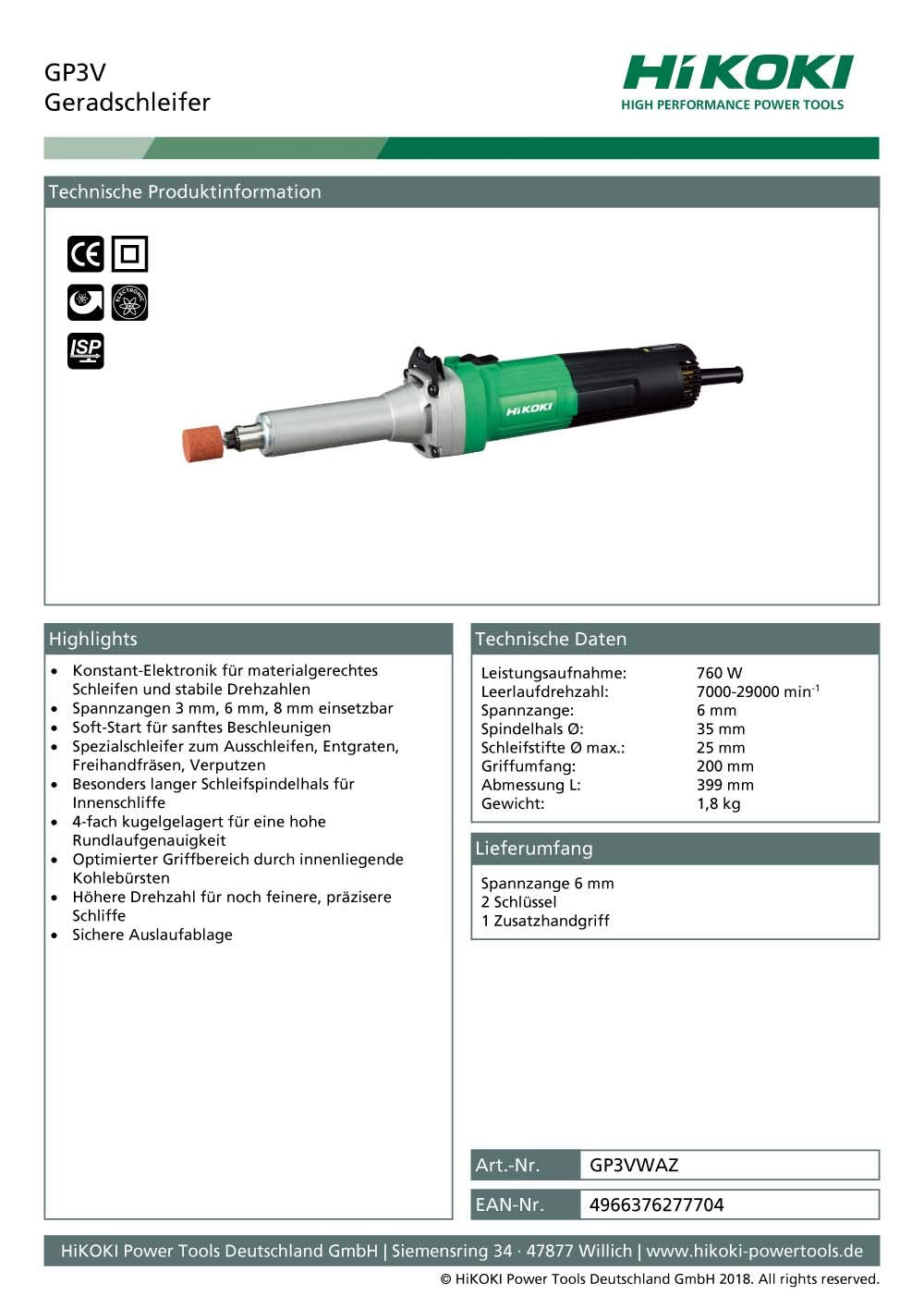 Hikoki GP3VWAZ - Amoladora, 760 W, 230 V
