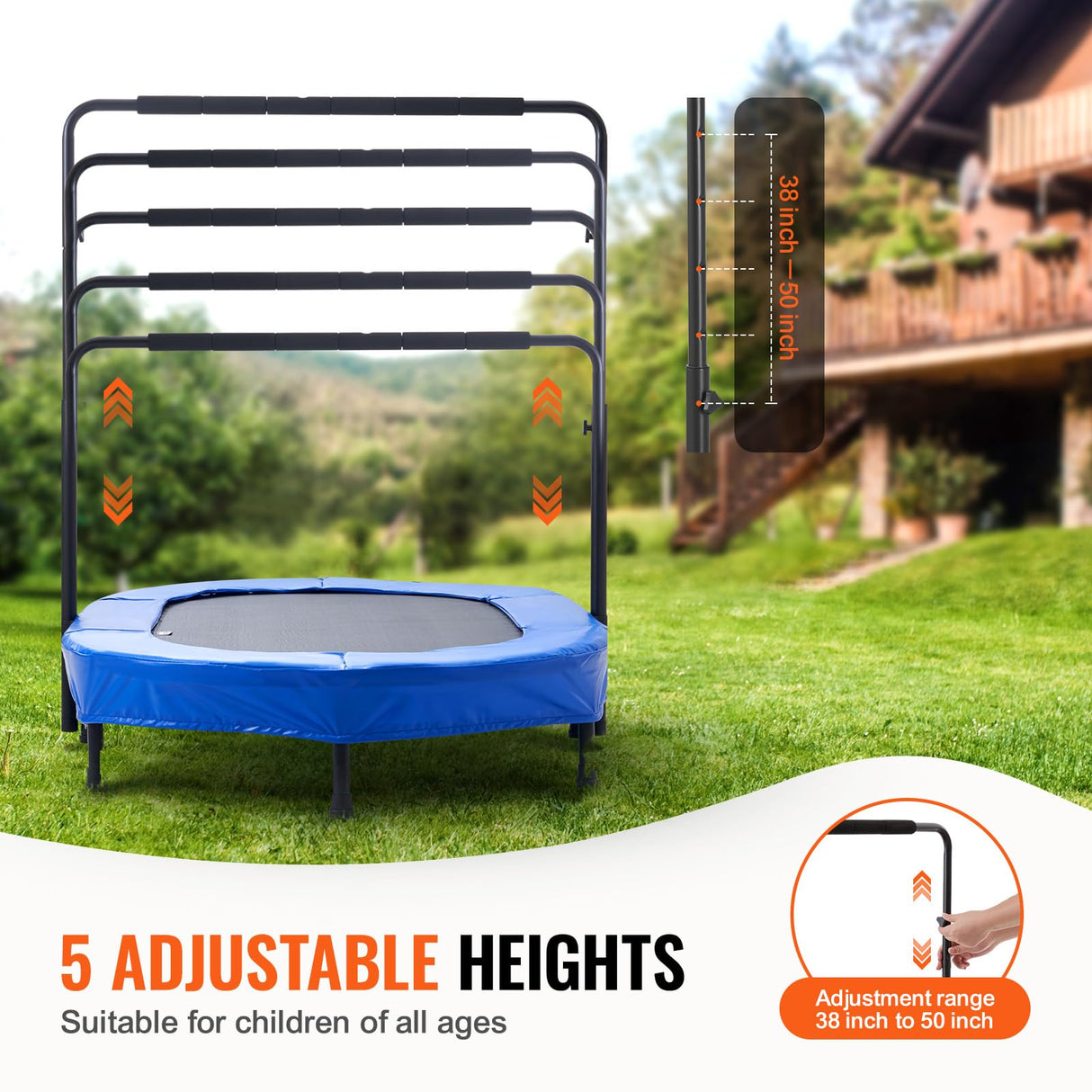 VEVOR Trampolín para Niños, Interior y Exterior, Mini Trampolín Plegable con Asa, Trampolín Rebotador para Niños de 3 Años en Adelante, Niños y Niñas para Divertirse, Azul, 1435 x 970 x (965-1285) mm