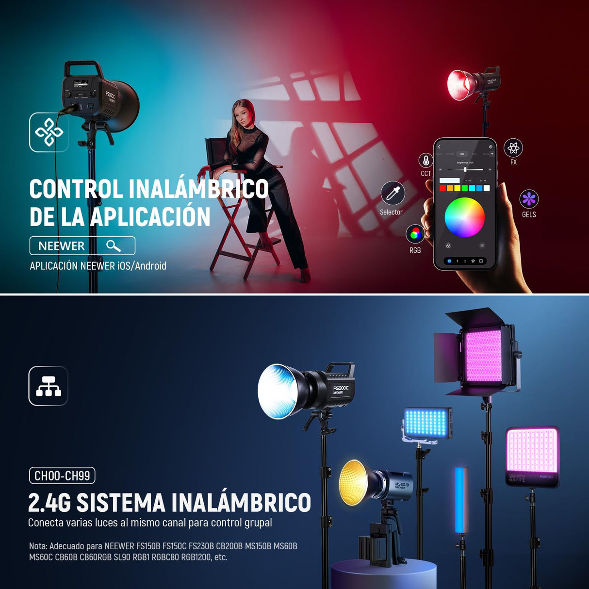 NEEWER 300W RGB Luz Video LED App/2.4G Control 17 Efecto 2500-7500K 36000lux/1m COB Iluminación Salida Continua CRI95+/TLCI97+ 4 Curvas de Atenuación Foco Bowens Mount para Estudio Fotográfico,FS300C