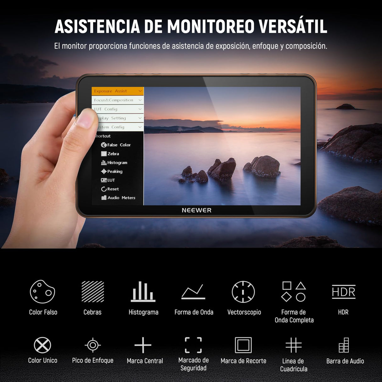NEEWER F700 7" Monitor Campo Cámara, 2000nit HD 1920x1080 IPS Pantalla Táctil con 3D LUT, 4K HDMI Loop in/out con Peak Focus Asistencia Video DSLR Onda HDR,Montaje Zapata Fría,5200mAh Batería y Cable
