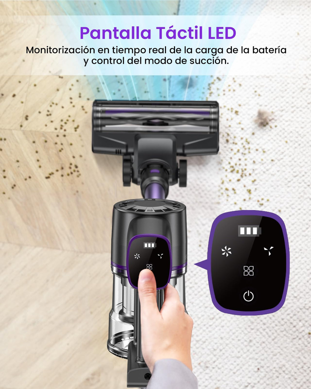 Vexilar Aspiradora sin Cable V8PRO 35KPa,Aspirador 3-en-1 Autonomía 40 Mins, Escoba Aspiradora sin Cable Potente Succión,Aspirador Vertical para Pelo de Mascotas/Alfombra/Suelo/Coche