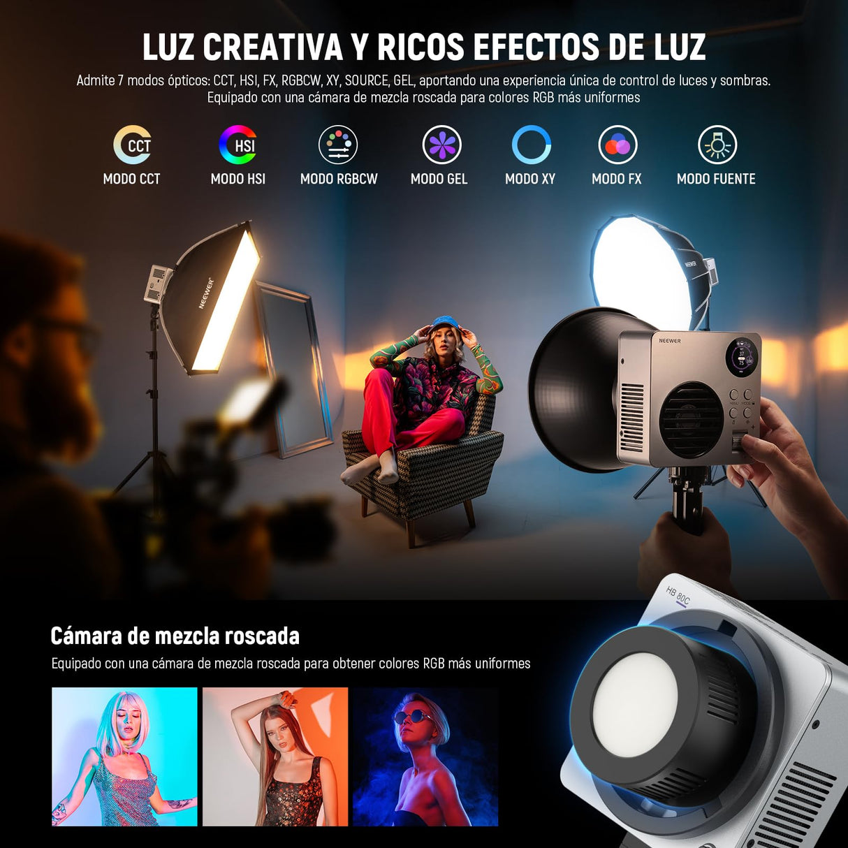 NEEWER HB80C RGBWW Luz Vídeo LED con Batería Incorporada 72Wh y PD 100W Carga Rápida, 80W Mini RGB COB Iluminación Salida Continua Foco Portátil con Montaje Bowens 2500K-7500K, 10400lux/m, 18 Efectos