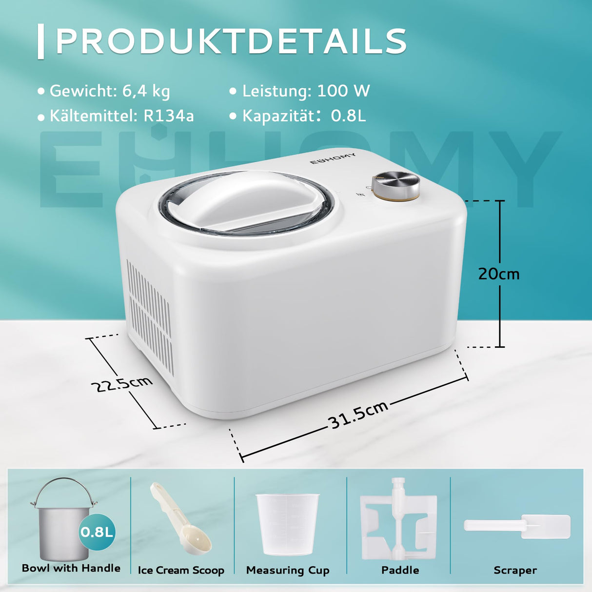 EUHOMY Máquina de helados con compresor, 0,8 L, 100 W, máquina de hielo autorefrigerante, para helados, batidos, yogur congelado, batidos de leche, con cuenco y plantillas de recetas