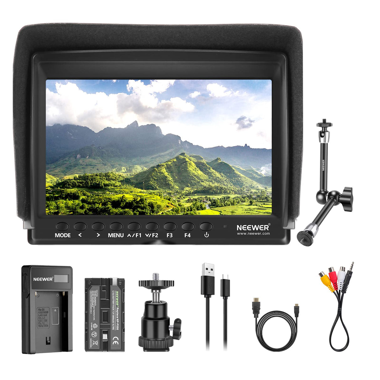 NEEWER F100 Monitor de Campo de Cámara de 7" HD Asistente de Video Delgado IPS 1280x800 Entrada HDMI 1080p con 2600mAh Batería de Li-Ion/Cargador USB, Brazo Mágico de 11" para Cámara DSLR