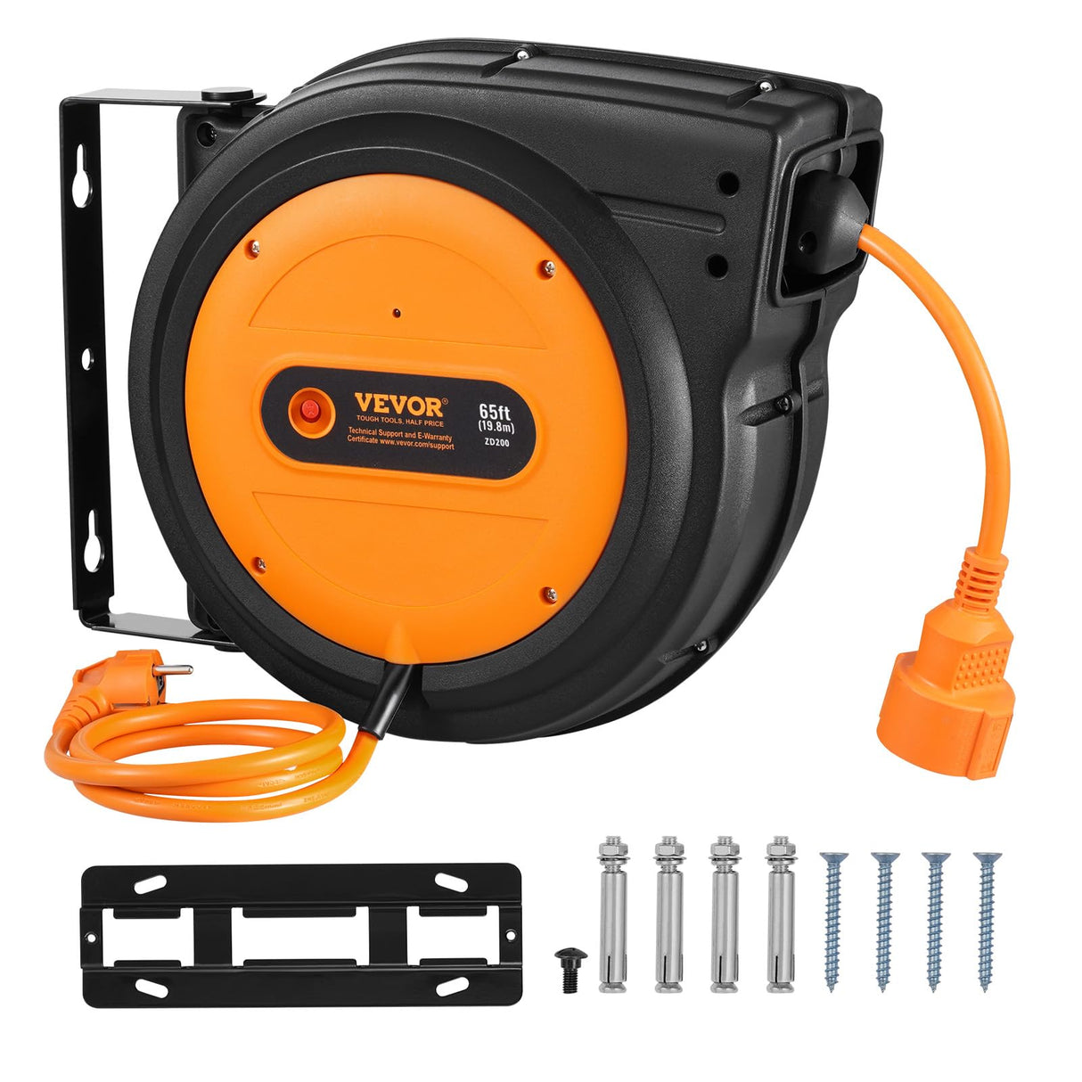 VEVOR Carrete de Cable de Extensión Retráctil 19 m 1600 W con Cable de Alimentación de 1 m Protección contra Sobrecalentamiento Carcasa de PP, Soporte Giratorio de 180° para Montaje en Techo, Pared