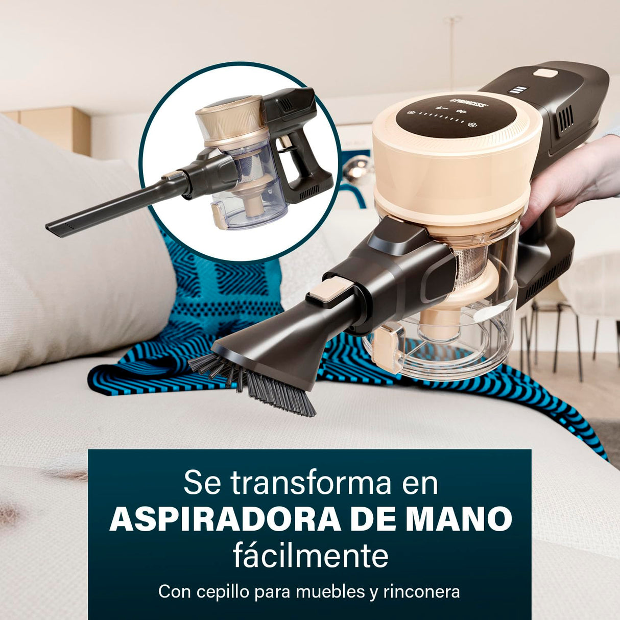 Princess Aspirador de Escoba - 27 kPa - 45 min - 2 en 1 - Motor BLDC - Especialmente diseñado para Pelo de Mascotas - Sin Cable - Sin Bolsa - Ligero - 3 velocidades - Accesorios incluidos - 339395