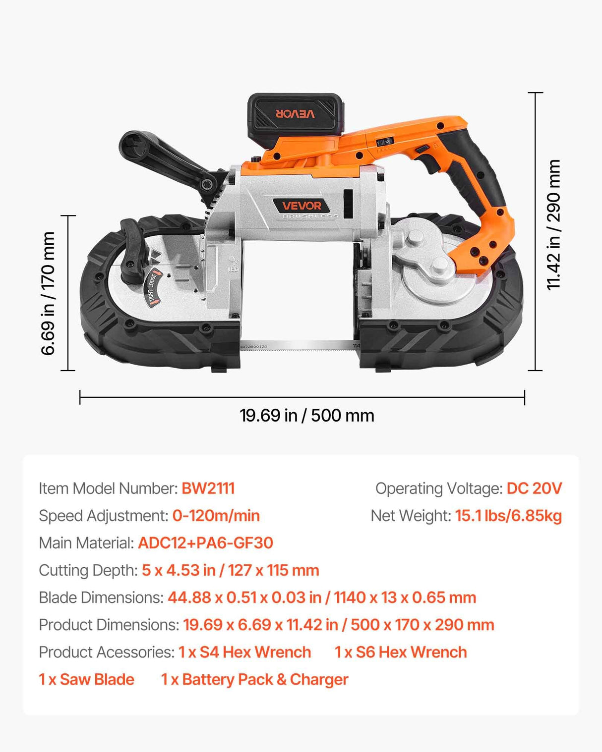 VEVOR Kit de Sierra de Cinta Portátil Inalámbrica, Corte Profundo de 12,7 cm con 360 W Motor sin Escobillas y Batería de 4 Ah, Velocidad Variable de 0 a 120 m/min, para Cortar Metal y Madera