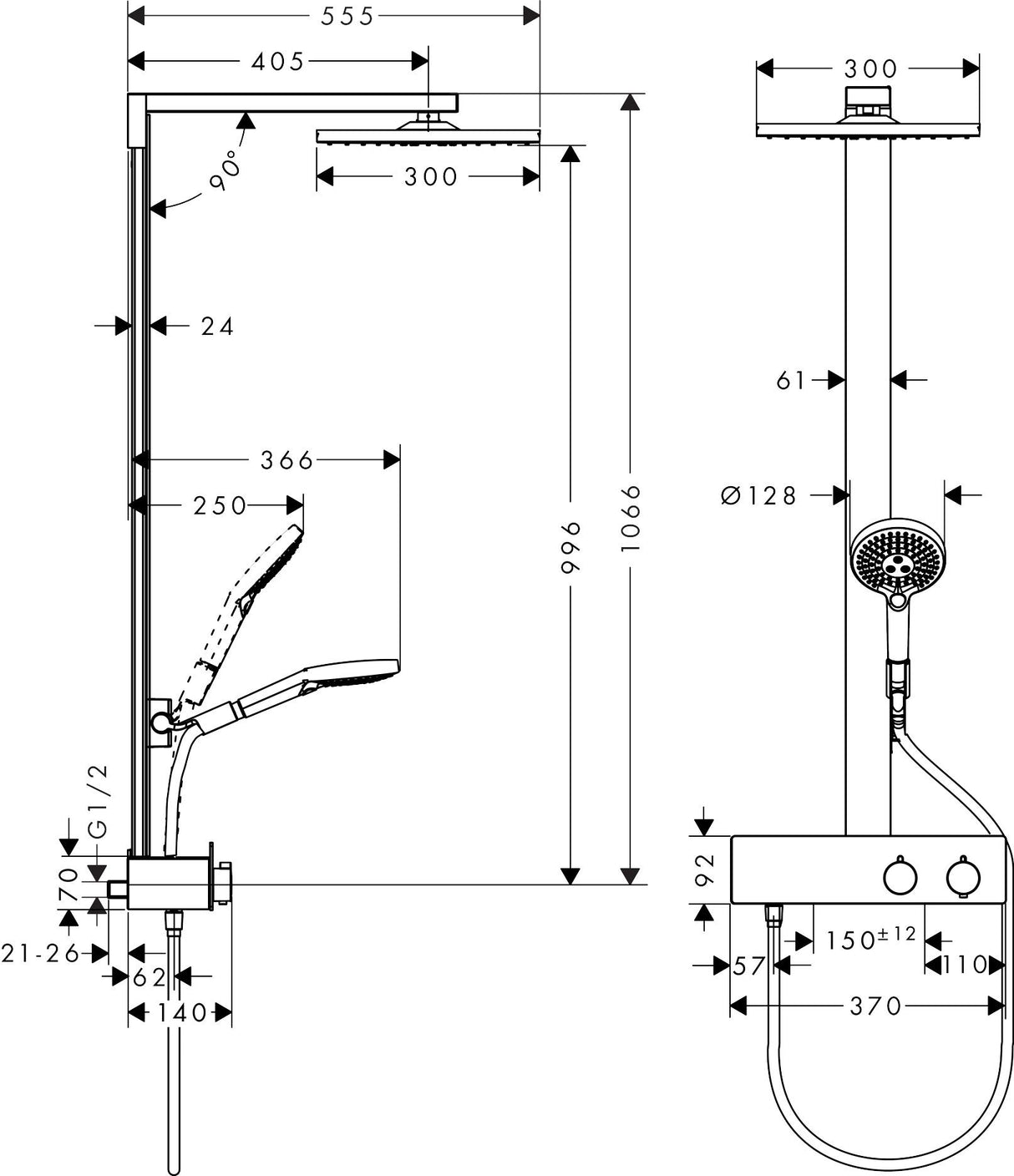 hansgrohe Raindance E - sistema de ducha ahorro de agua (EcoSmart) con termostato, ducha lluvia (300 x 300 mm) con grifo, ducha de mano, flexo, barra, ducha fija rectangular, cromo, 27362000