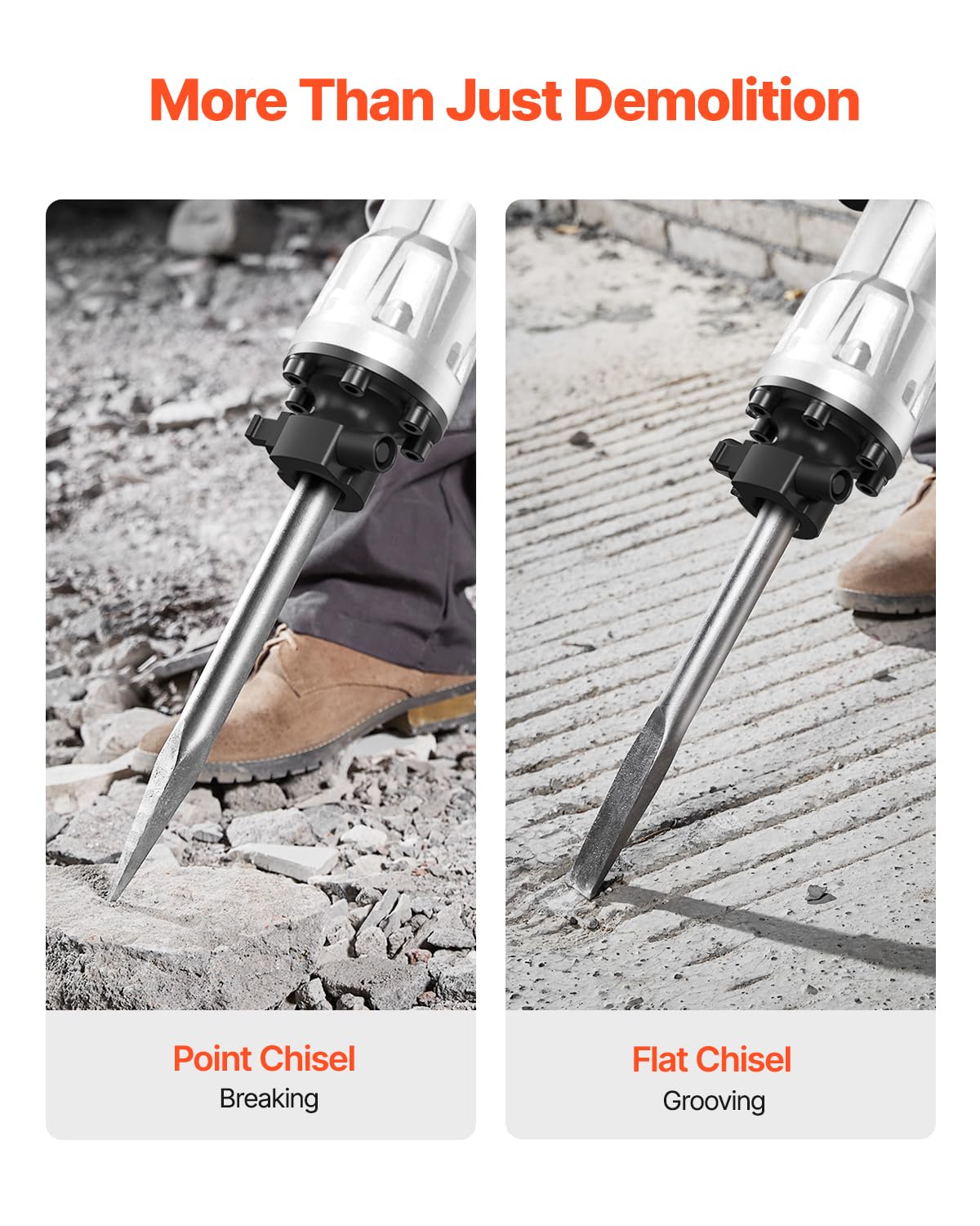VEVOR Martillo de Demolición 3500W 60J 1900BPM Martillo Eléctrico con Cable 1-1/8" con 2 Cinceles Reemplazables Mango Giratorio 360° Rompe Hormigón Antivibración para Cincelar Construcción Fontanería