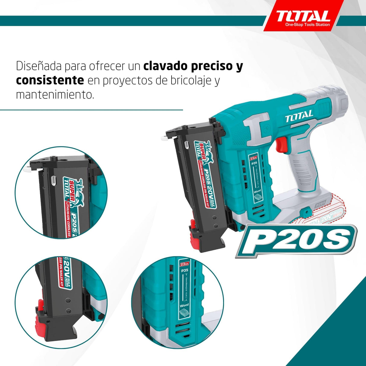 TOTAL - Clavadora de Pins a Batería 20V | 3 Pines | Compatible 10-35 mm | Cargador 140 Pines | Modelo TCBNLI3603 | Herramienta Eléctrica con Maletín y 3600 Pines Incluidos
