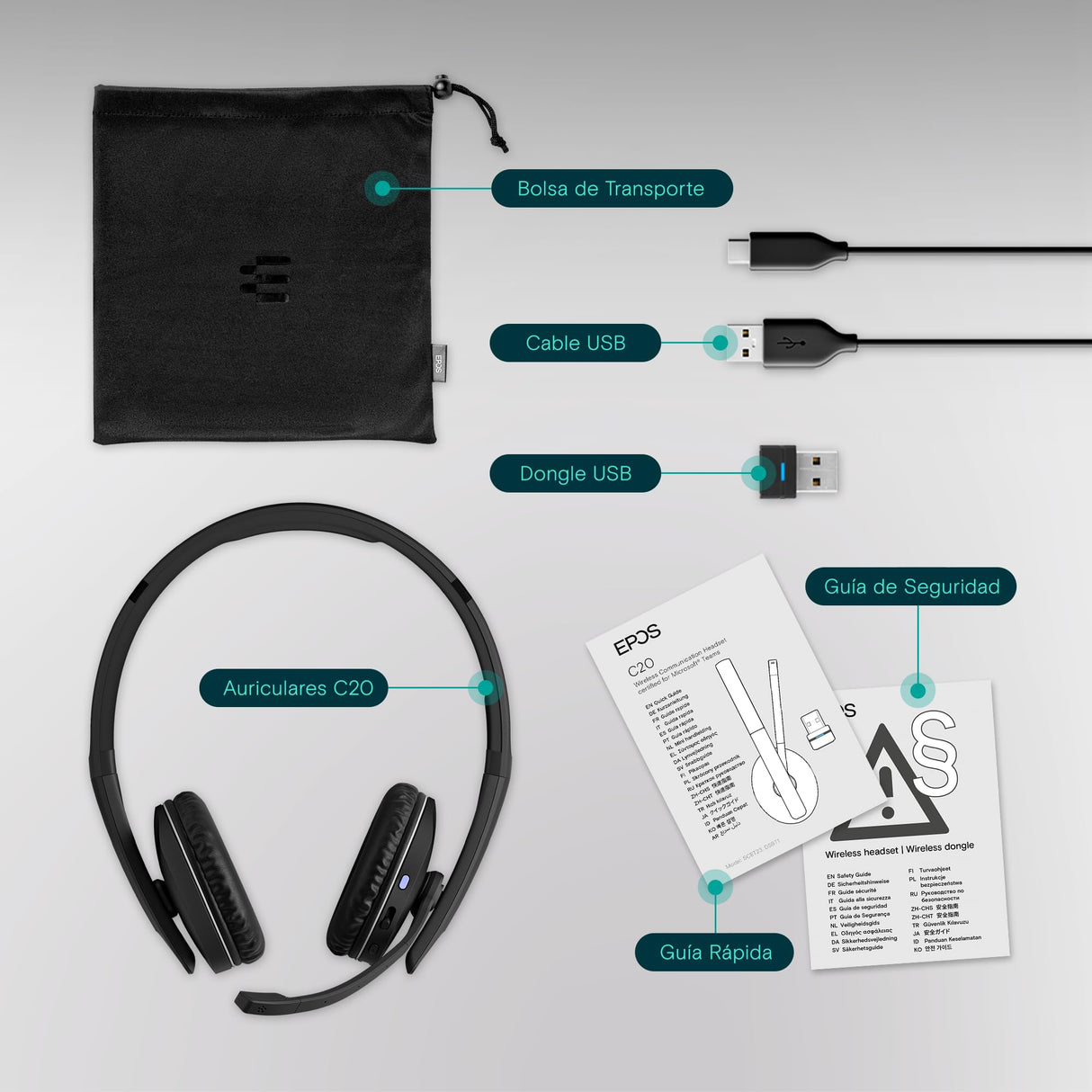 EPOS Auriculares con micrófono SENNHEISER C20 | Auriculares inalámbricos con batería de hasta 27 Horas y tecnología BrainAdapt™