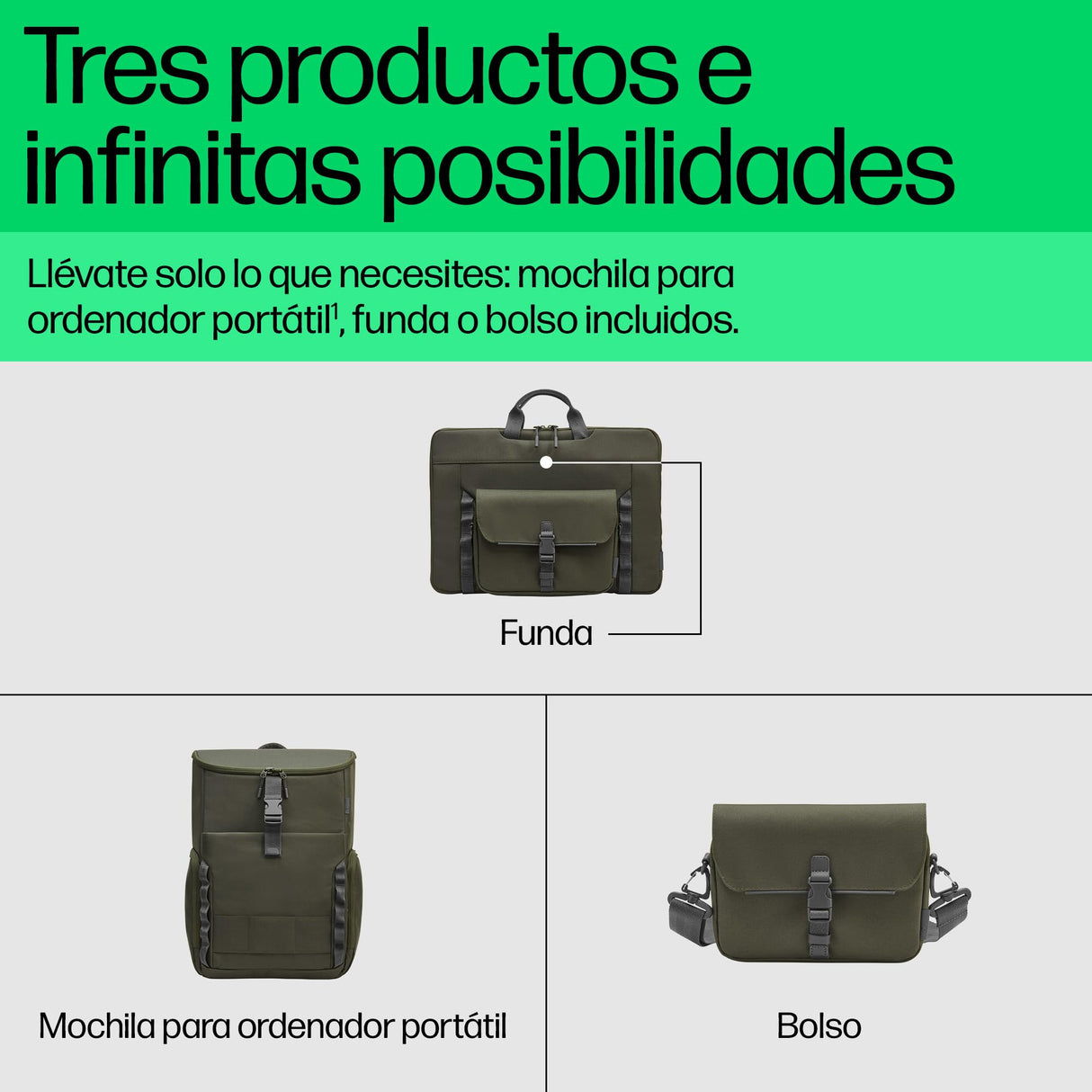 HP Mochila Modular para Portátiles de Hasta 15,6", 3 Productos en 1,Bolsillos Internos y Externos,Compartimentos Acolchados,Resistente al Agua,Correa de Hombro Extraíble,Creada con Material Reciclado