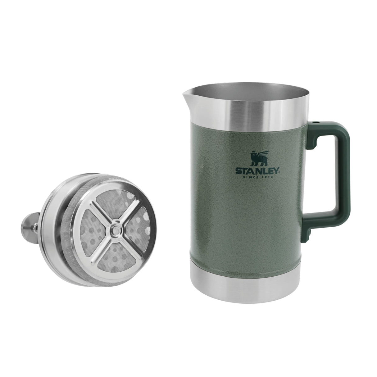 Stanley Classic Stay Hot French Press 1.4L / 48OZ Hammertone Green - Se mantiene caliente 4 horas - Filtro de malla - Sedimento mínimo - Prensa de café de acero integrada - Sin BPA