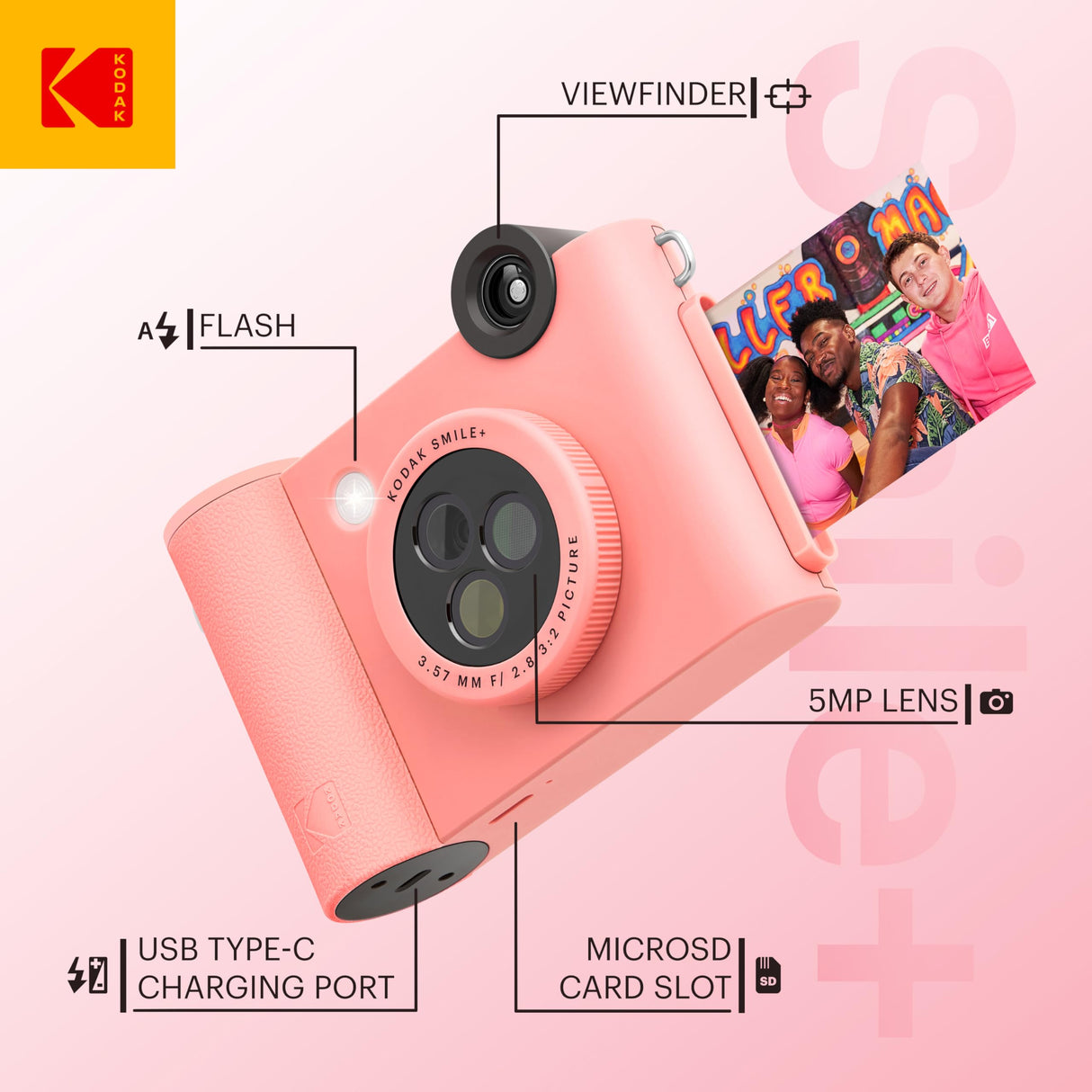 KODAK Smile+ - Paquete de iniciación de cámara instantánea Digital e Impresora fotográfica 2 en 1, Funda Suave + Papel Zink, 10 MP, Lente giratoria, Color Rosa