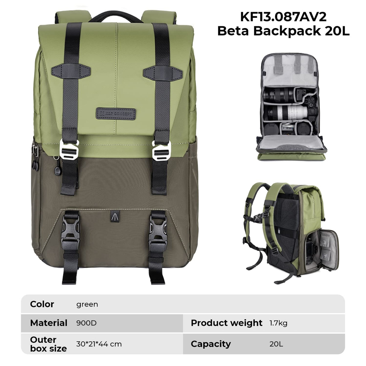 K&F Concept Mochila para Camara Multifuncional,Mochila Fotografía Profesional,Mochila Fotográfica para Reflex Impermeable, Bolsa Cámara Compartimento para Portátil de 15.6 Pulgadas(20L) Verde