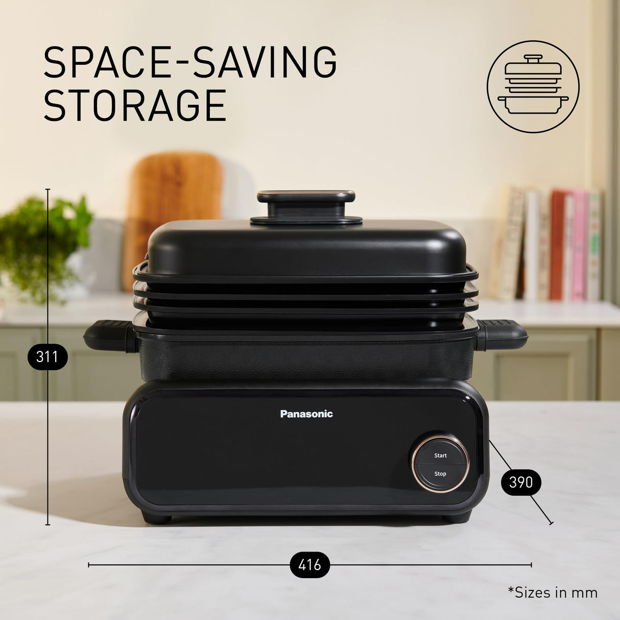 Panasonic NF-GM600 - Olla Multifunción Eléctrica 6 en 1, 1400 W, 40-250 °C, 9 Modos Automáticos, 6 Accesorios Platos, Extractor de Humo, Apta para Lavavajillas, Cable de 2,5 m, Color Negro