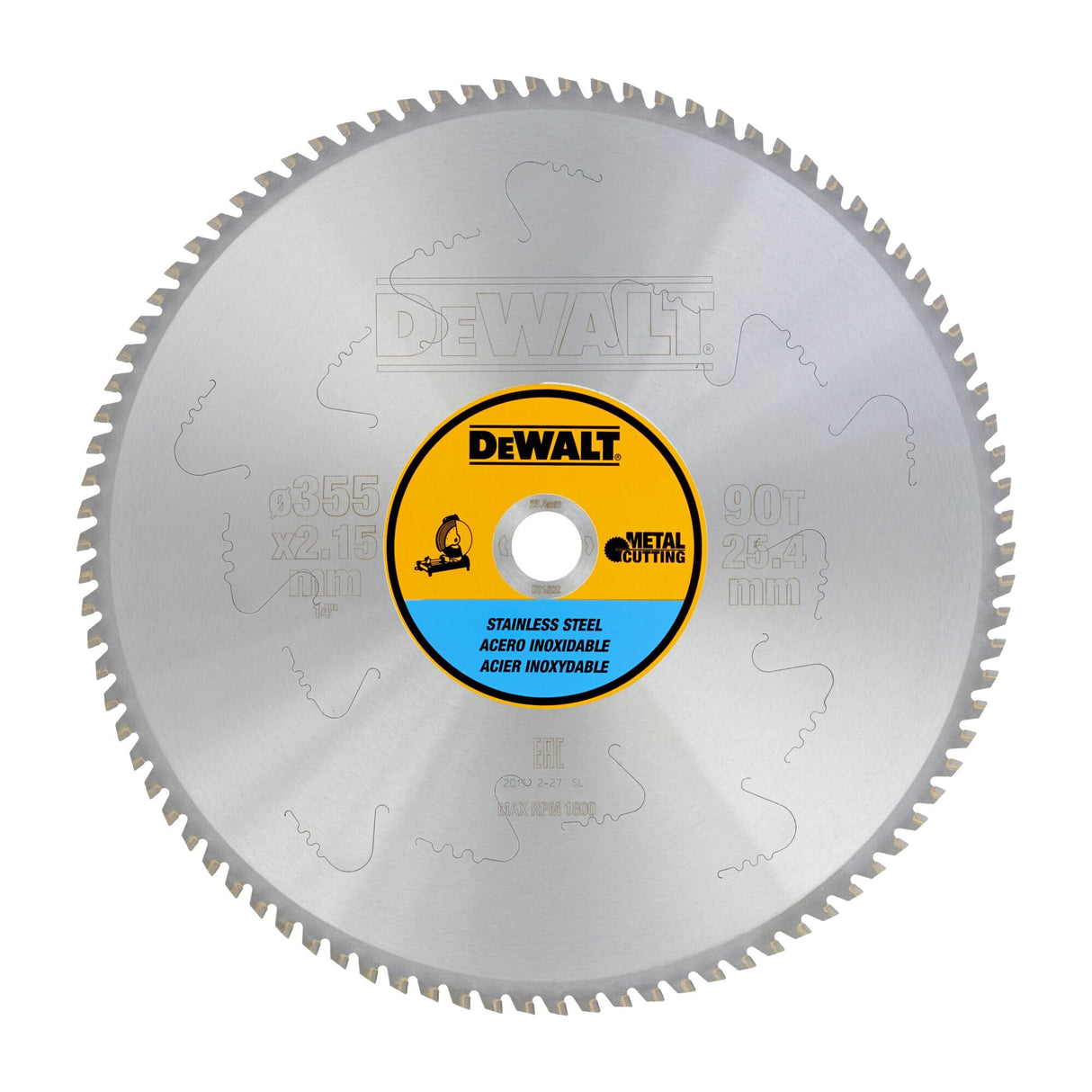 DeWalt DT1922-QZ - Hoja para sierra circular estacionaria, 355 x 25,4 mm, 90D para acero inoxidable MMJ +10º