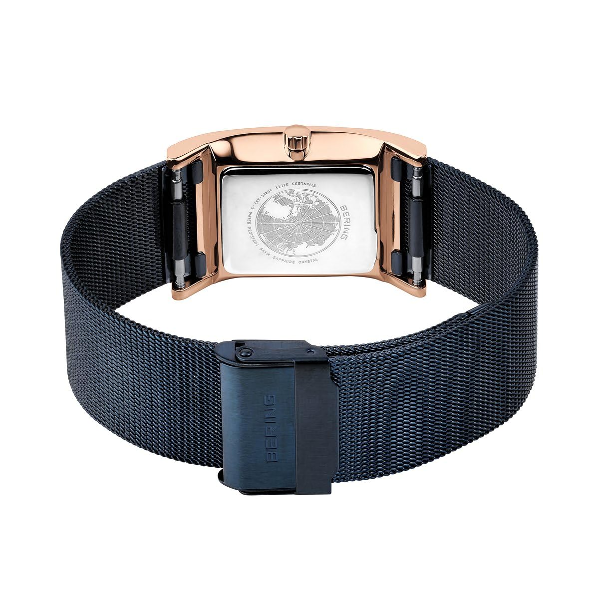 BERING 10426-367-S Reloj de cuarzo para mujer con caja de acero inoxidable de 26 mm con acabado en oro rosa y esfera azul, correa milanesa, cristal de zafiro y resistencia al agua de 5 ATM