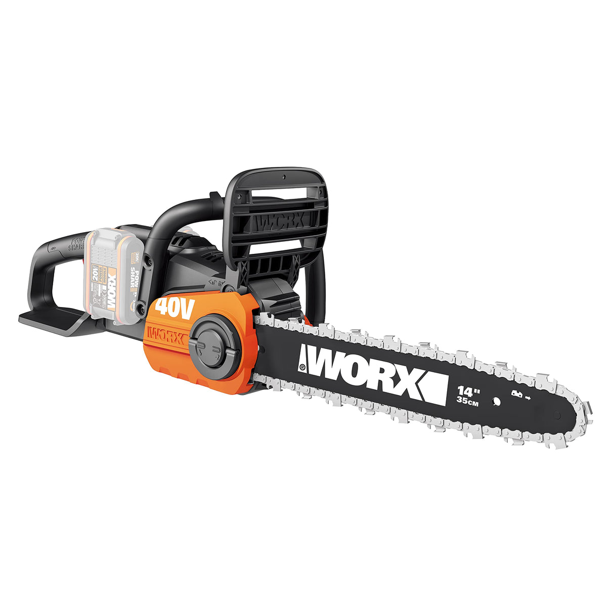 WORX Motosierra 40V Máx. (2x20V) | PowerShare | WG384E.9 | No incluye batería ni cargador |Espada 35 cm | Motor Brushless | Tensado de cadena sin herramientas