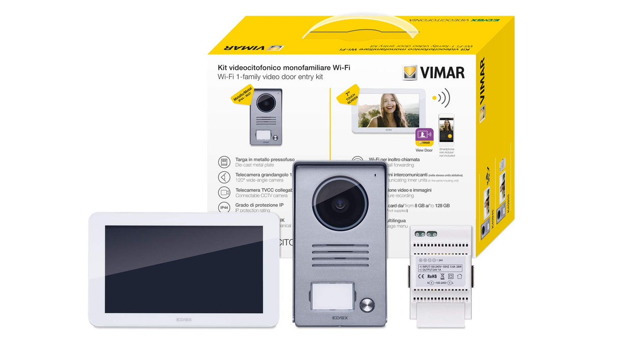 Vimar K40955 Kit videoportero de superficie para 1 familla con: videoportero Wi-Fi táctil LCD 7in altavoz, placa audio/vídeo de 1 botón, alimentador, con estribos de fijación, Blanco