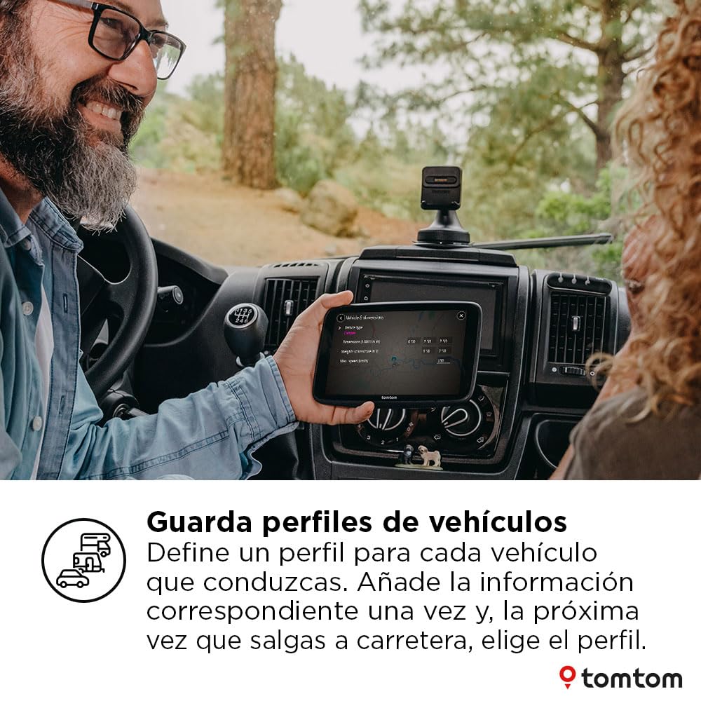 TomTom GPS para Autocaravana GO Camper MAX de 2. Gen. Pantalla de 7" con PDI, actualizaciones por Wi-Fi, TomTom Traffic, perfiles de vehículo, mapas del Mundo y Zonas de Bajas emisiones