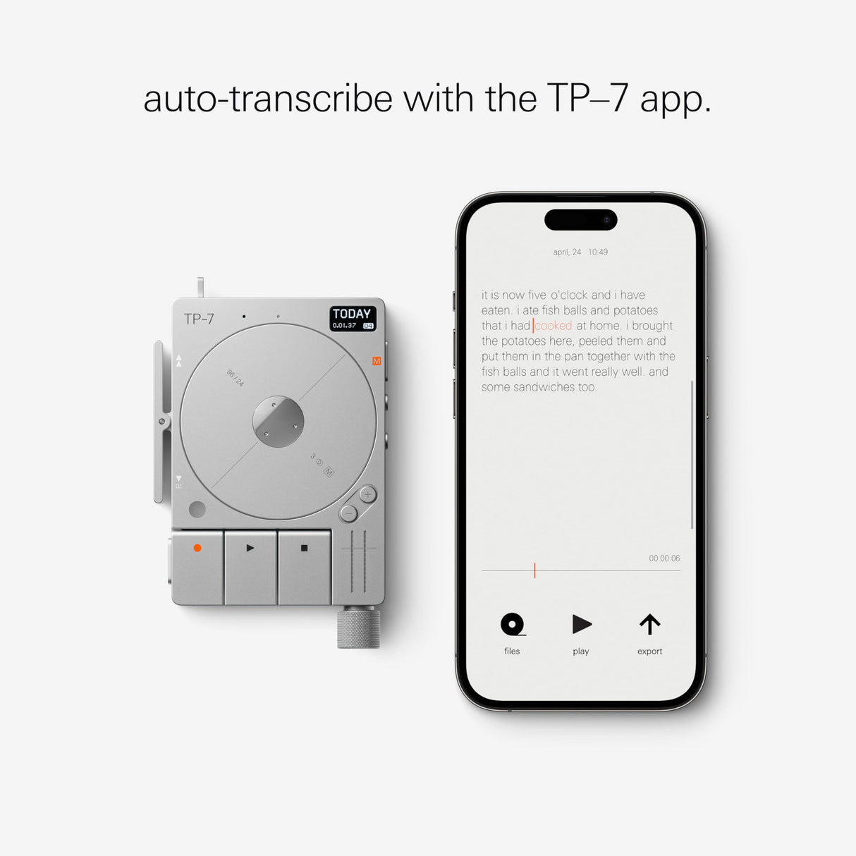 Teenage Engineering TP–7 Grabadora de sonido portátil con interfaz de audio USB-C, Bluetooth, micrófono interno, altavoz y almacenamiento de 128 GB