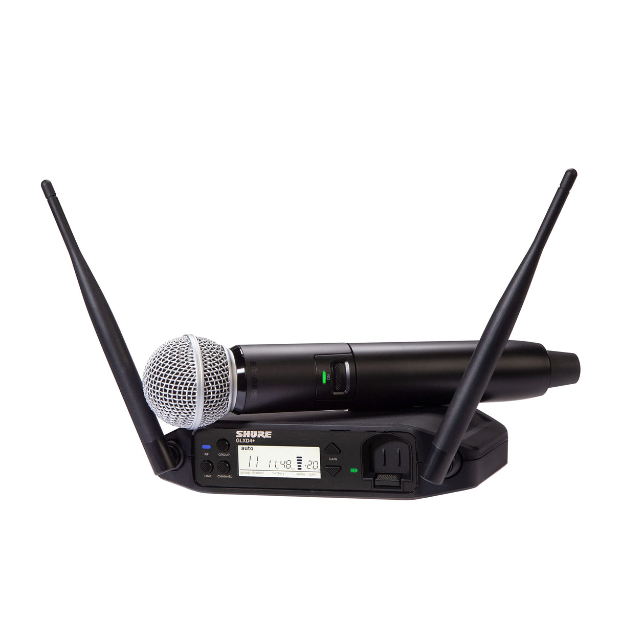 Micrófono inalámbrico Shure GLXD24+/SM58 para iglesias, karaoke y voces - Batería de 12 horas, alcance de 30m | Micrófono vocal SM58, receptor de canal único.