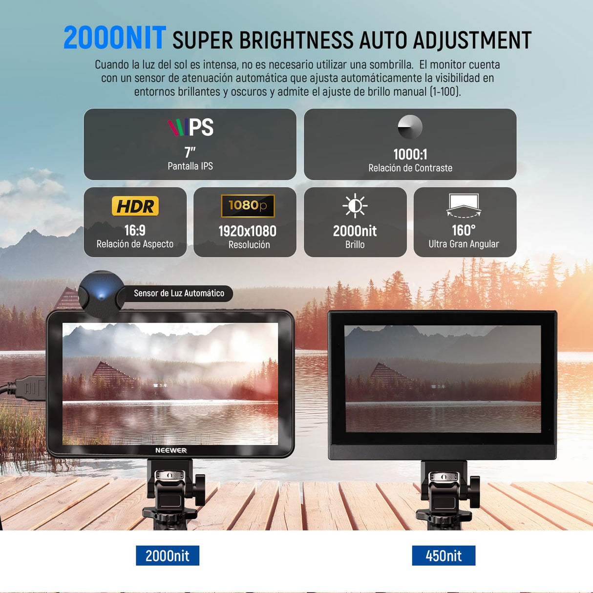 NEEWER F700 7" Monitor Campo Cámara, Pantalla Táctil IPS HD 2000nit 1920x1080 con LUT 3D, 4K HDMI Loop in/out con Peak Focus DSLR Video Asistencia Onda HDR, Montaje Zapata Fría, Batería No Incluida