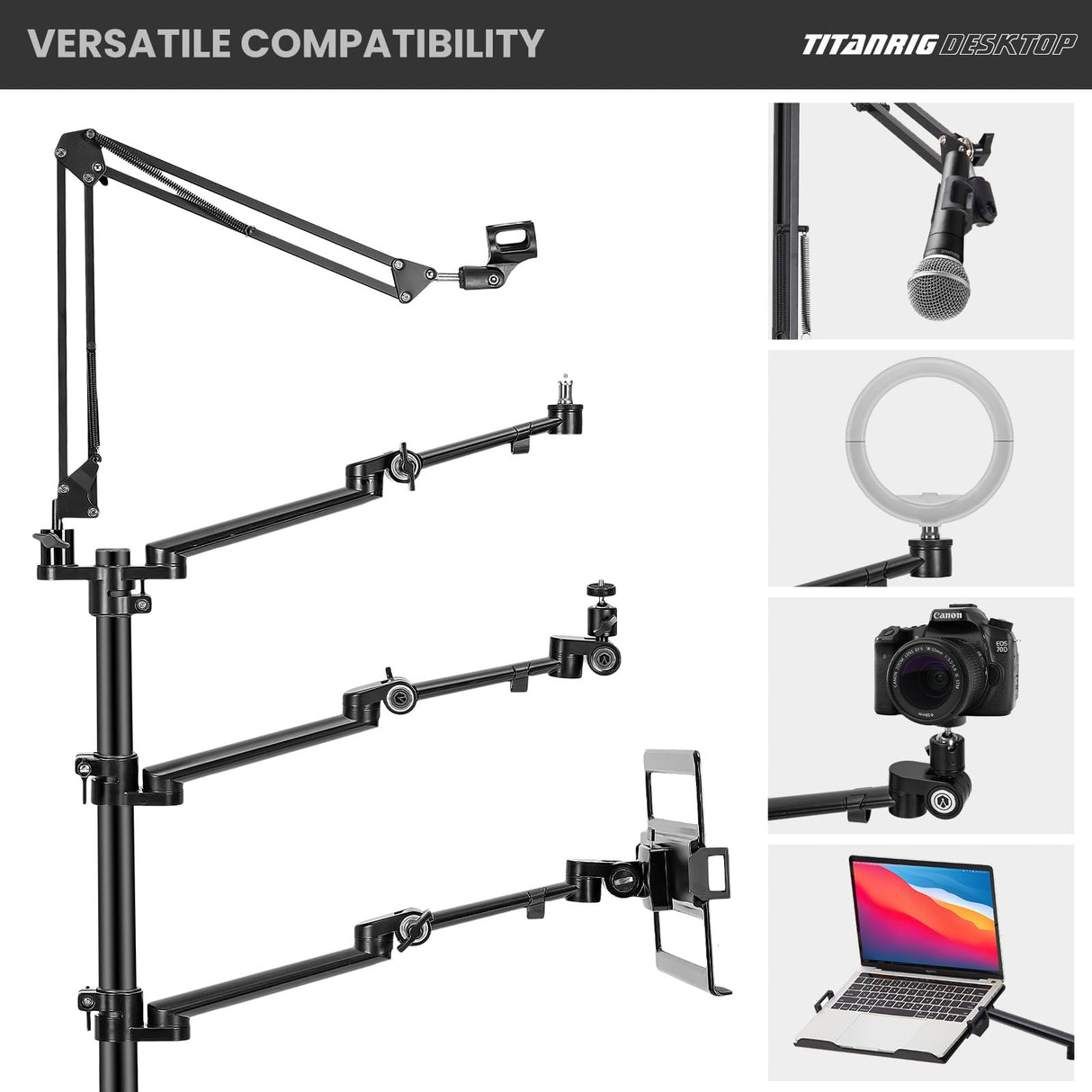 TARION Soporte Camara Mesa Brazo: Soporte para Camara de Escritorio Flexible Overhead Camera Mount Rig Fotografia con Brazo Articulado para Luz de Anillo Micrófono Video Titanrig(Conjunto de Mesa)