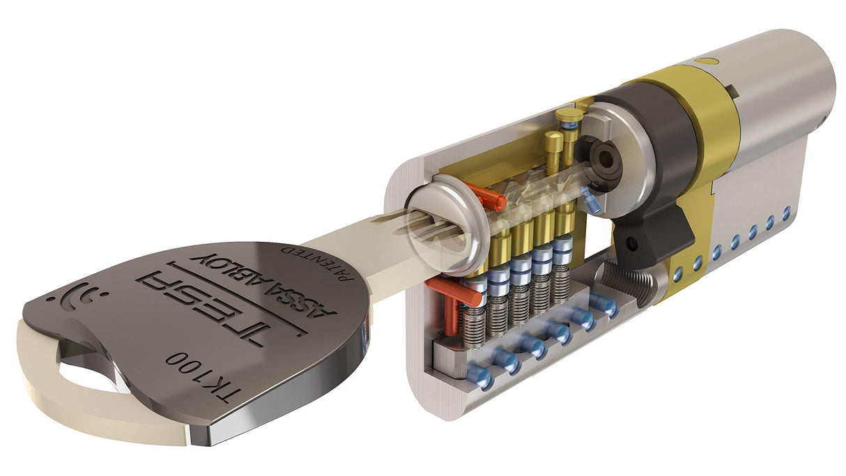 Tesa Assa Abloy, MK153035N, Cilindro de Alta Seguridad, TK100, Doble Embrague, Leva Corta, Llave - Llave, Niquelado, 30 x 35 mm